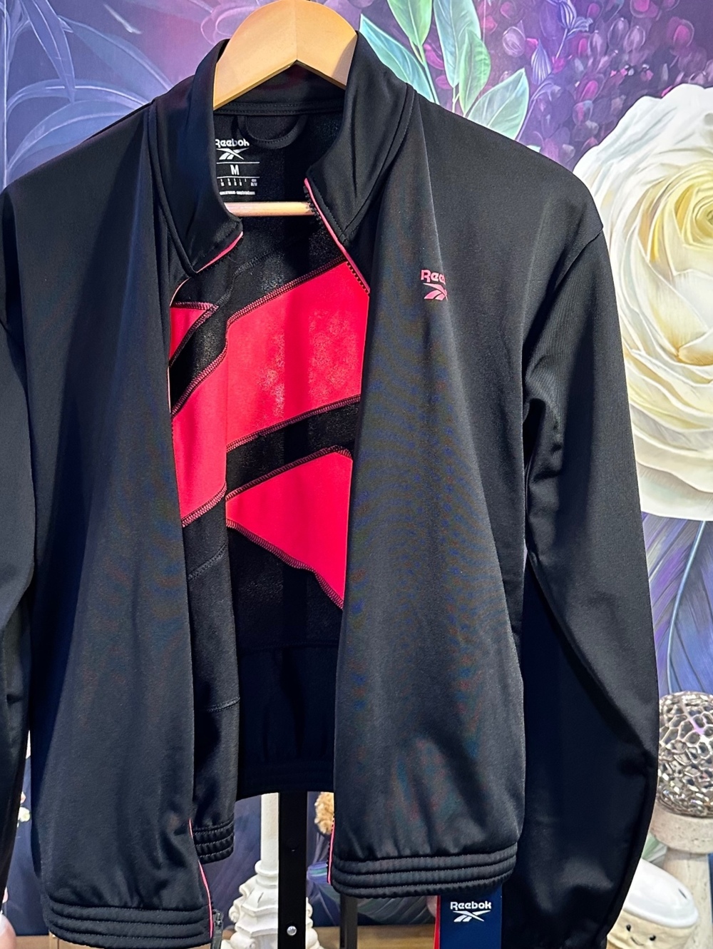 Reebok Men's Medium Athletic Track Jacket Black Pink Zip-Up Long Sleeve - Picture 7 of 13
